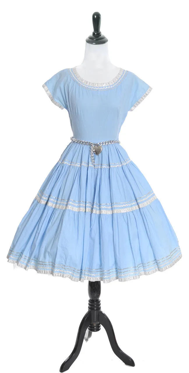 1950s Vintage Mexican Patio Dress Blue and Silver