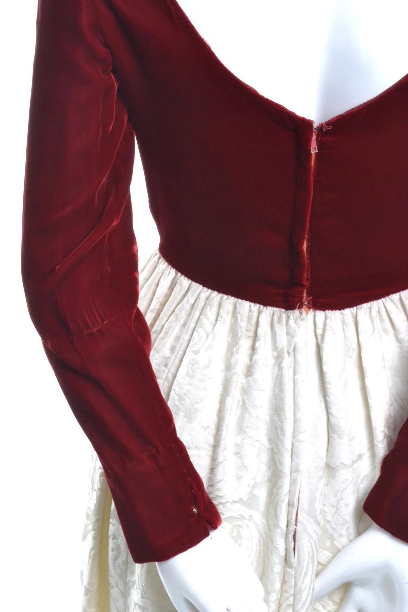 1960's Harry Kaiser Red Velvet and Ivory Satin Jacquard Vintage Dress