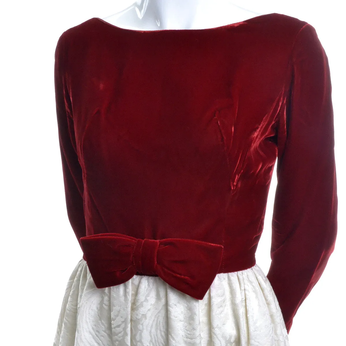 1960's Harry Kaiser Red Velvet and Ivory Satin Jacquard Vintage Dress