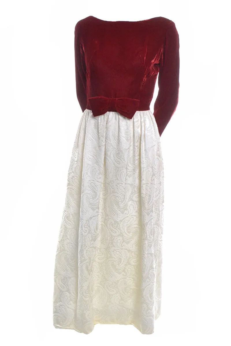 1960's Harry Kaiser Red Velvet and Ivory Satin Jacquard Vintage Dress