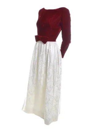 1960's Harry Kaiser Red Velvet and Ivory Satin Jacquard Vintage Dress