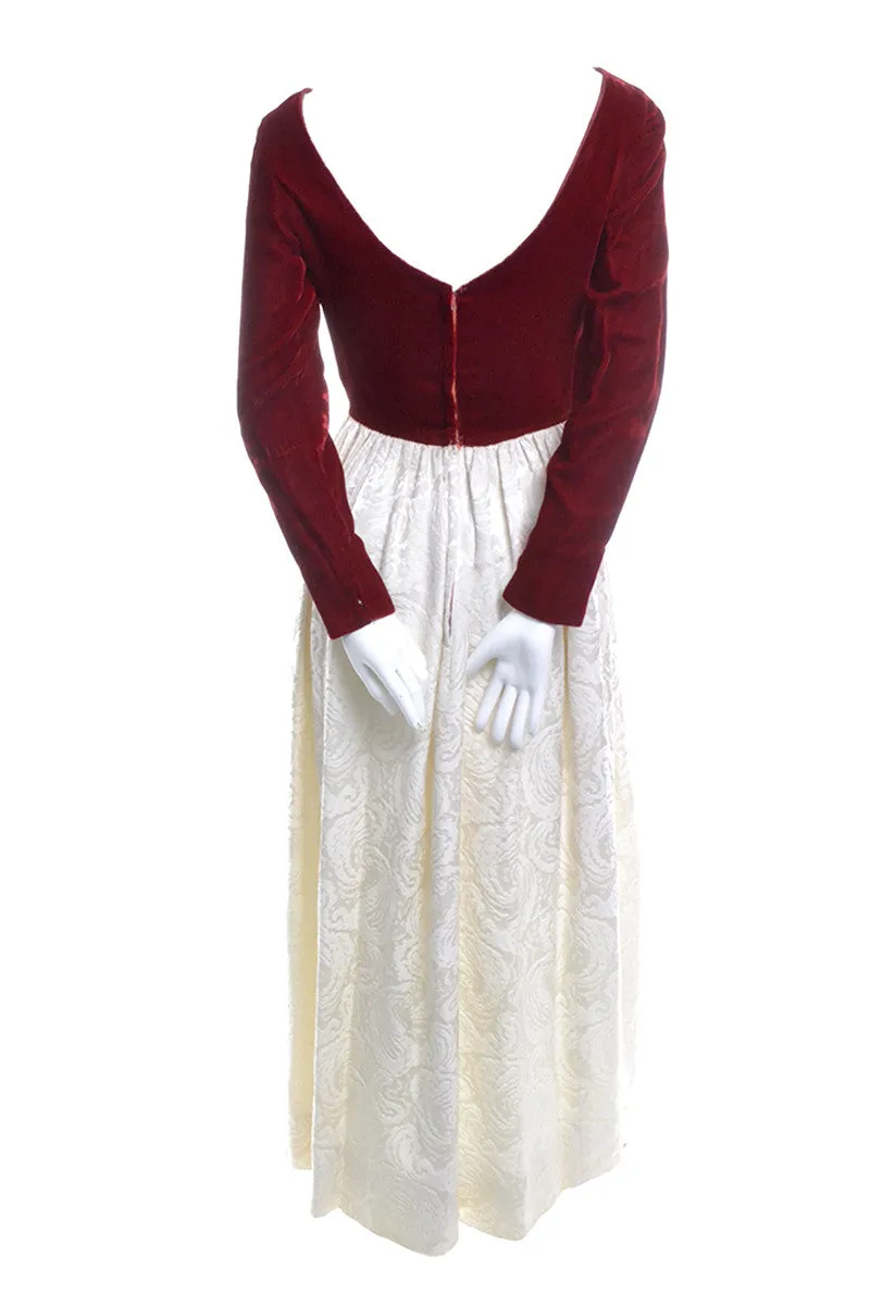 1960's Harry Kaiser Red Velvet and Ivory Satin Jacquard Vintage Dress