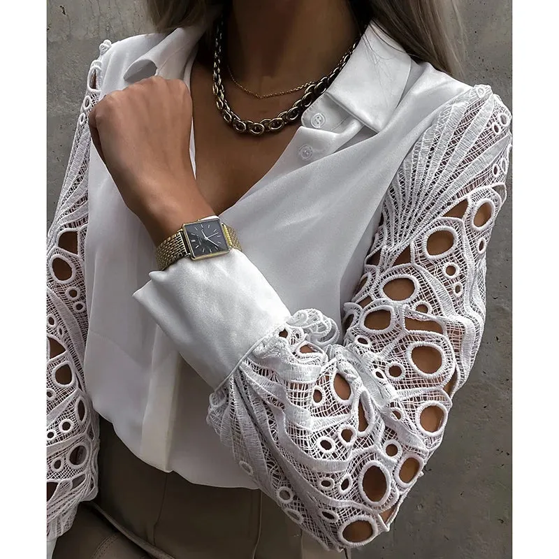 2024 Spring Lace Patchwork Sexy Hollow Out Long Sleeve Turn-down Collar White Button Up Office Wear Blouse
