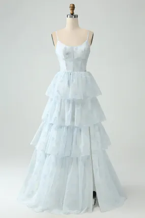 A-Line Prom Dresses Spaghetti Straps Tiered Maxi Dress with Slit Light Blue