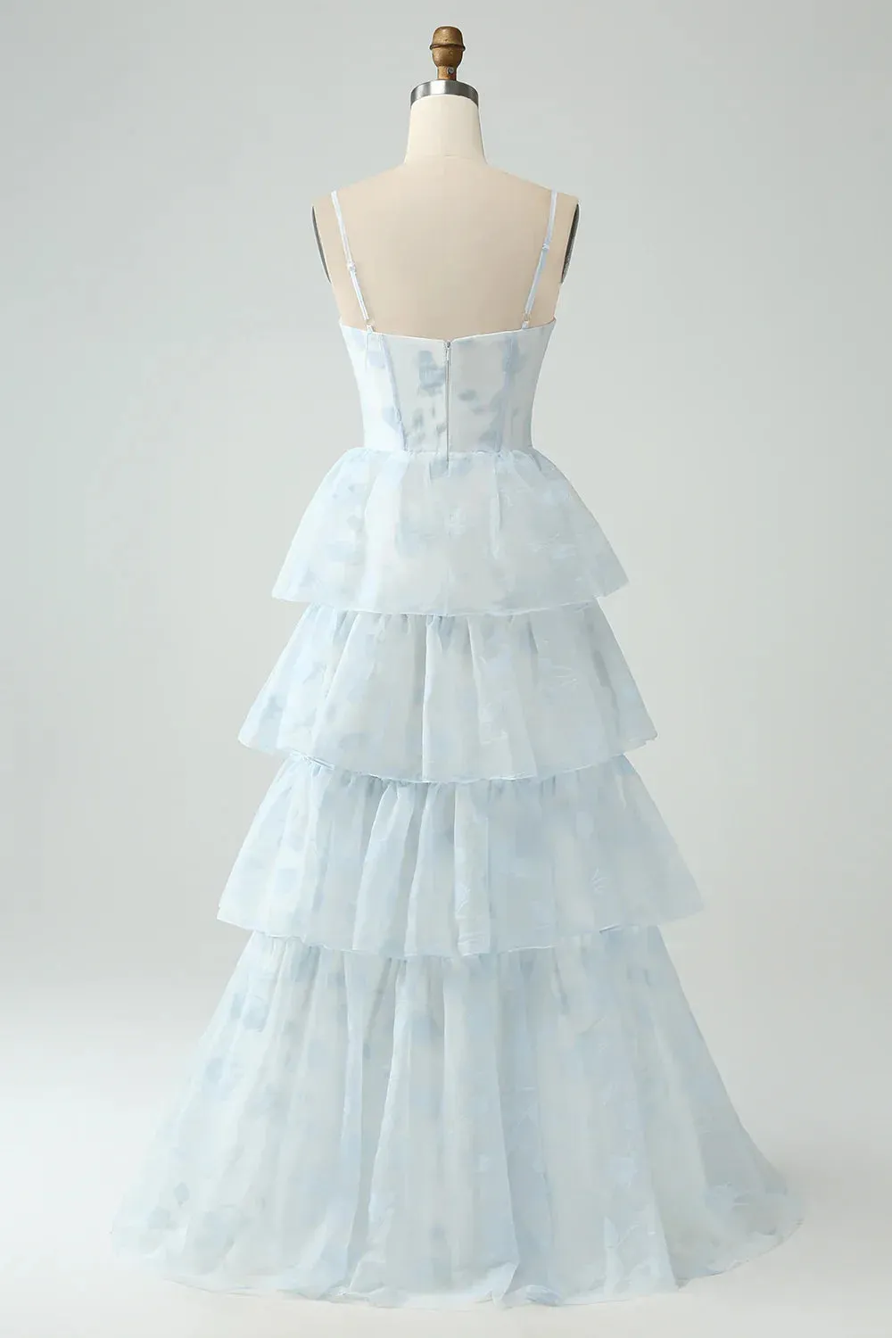 A-Line Prom Dresses Spaghetti Straps Tiered Maxi Dress with Slit Light Blue