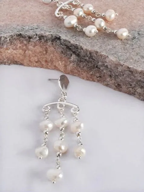 Adorne Earings Button Top Pearl Chandelier Earings - Silver