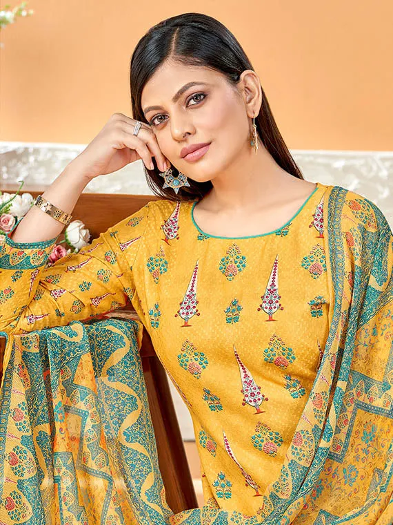 Alok Cotton Printed Yellow Unstitched Suit Material with Dupatta for Ladies