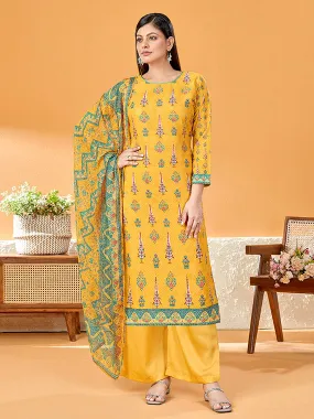 Alok Cotton Printed Yellow Unstitched Suit Material with Dupatta for Ladies