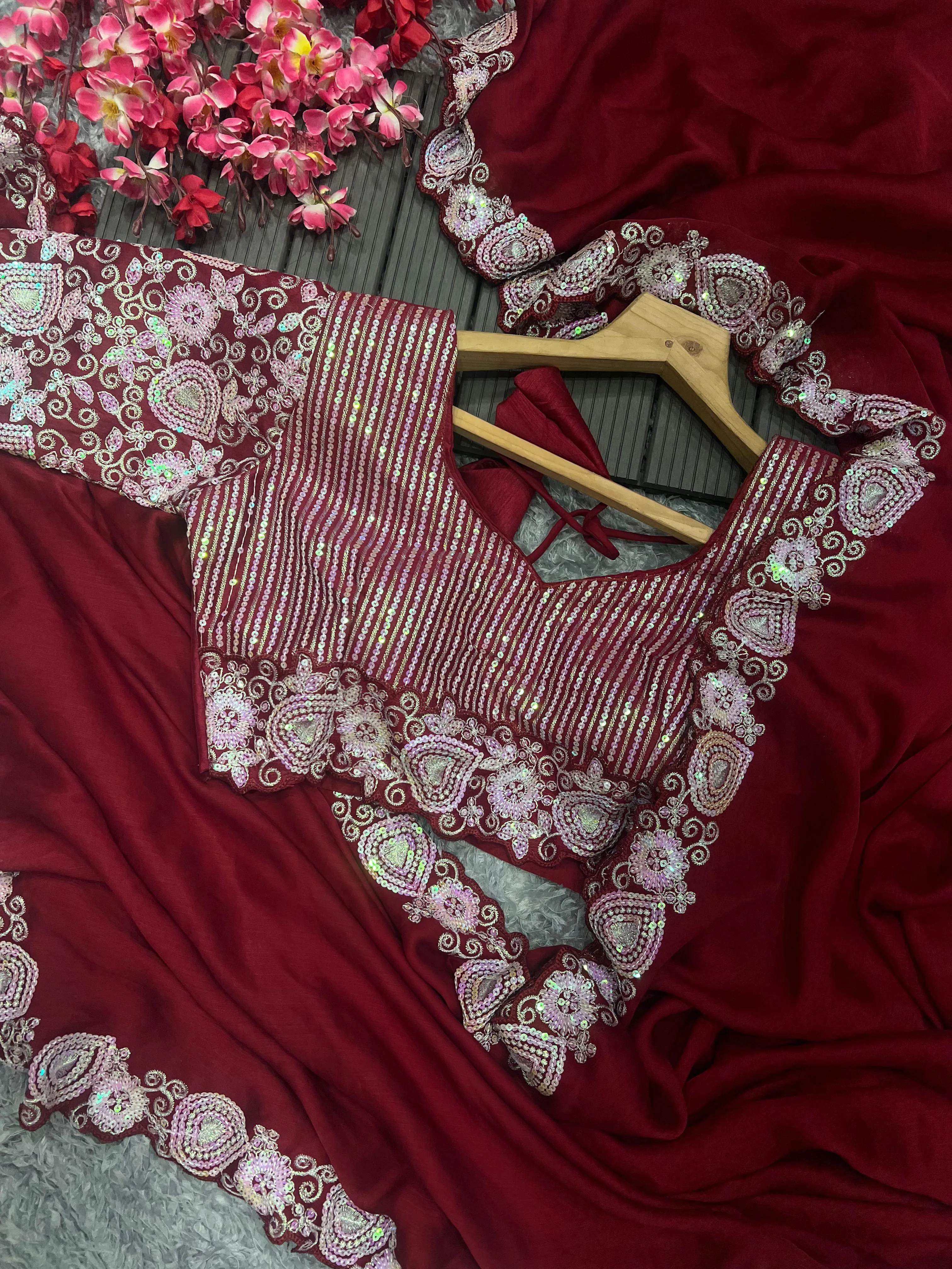 Beautiful Designer Party Wear Satin Chiffon Saree