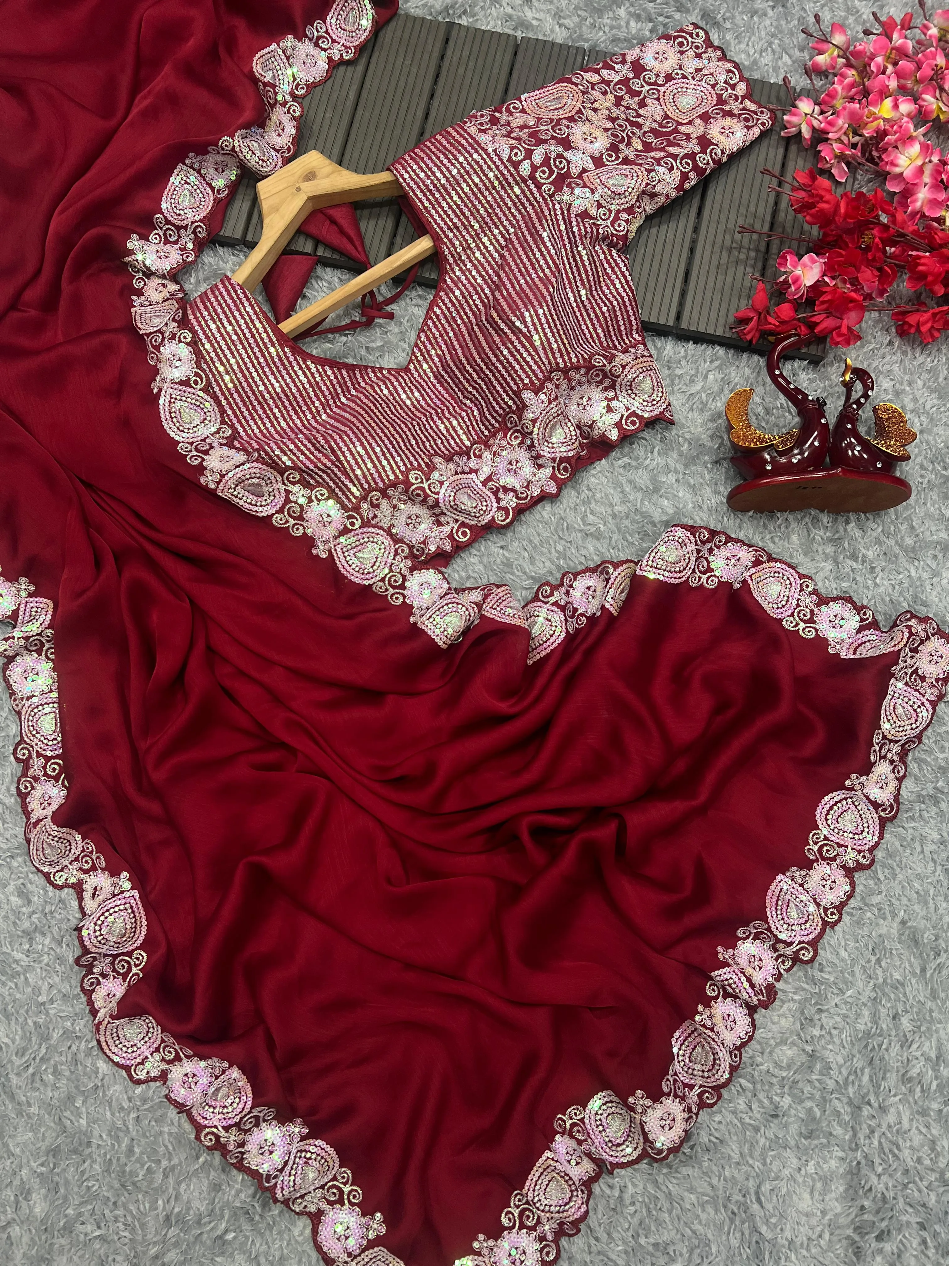 Beautiful Designer Party Wear Satin Chiffon Saree