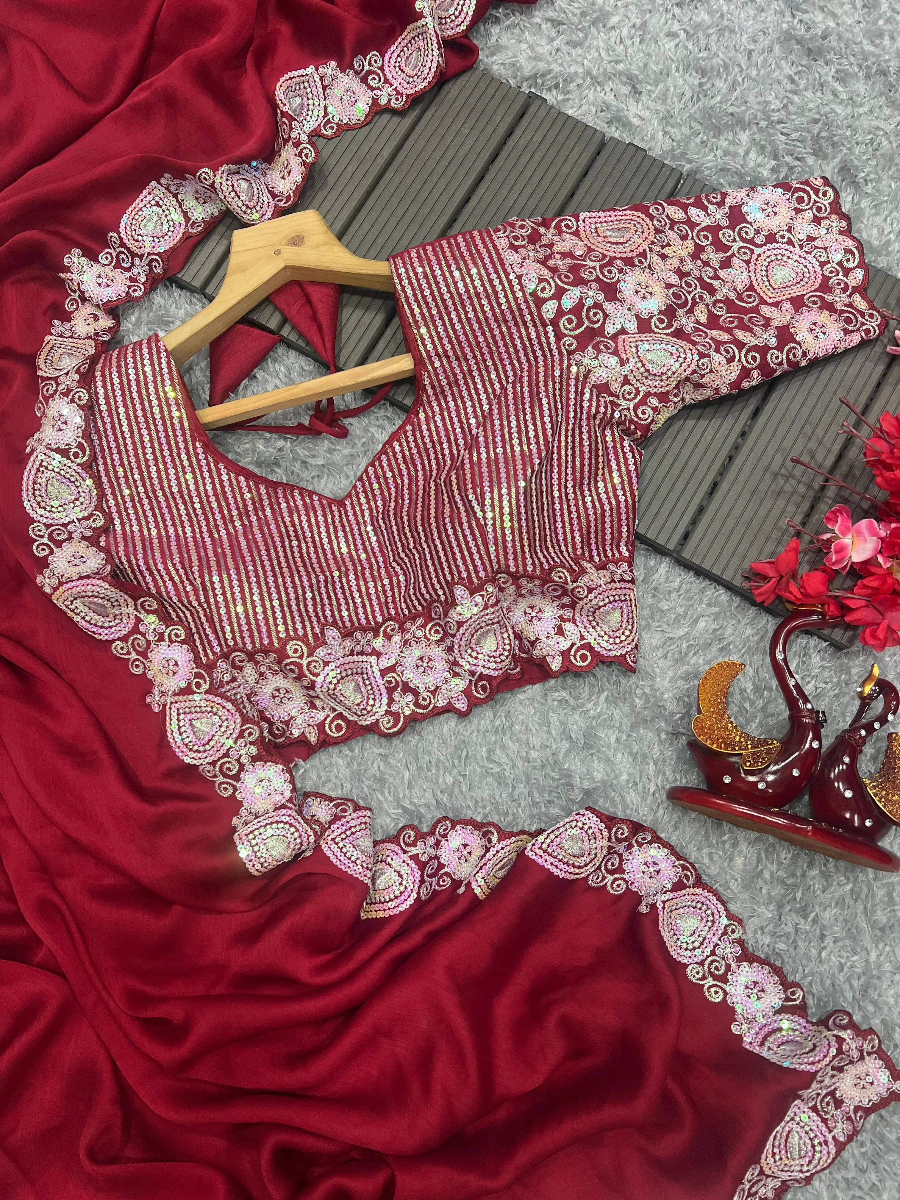 Beautiful Designer Party Wear Satin Chiffon Saree