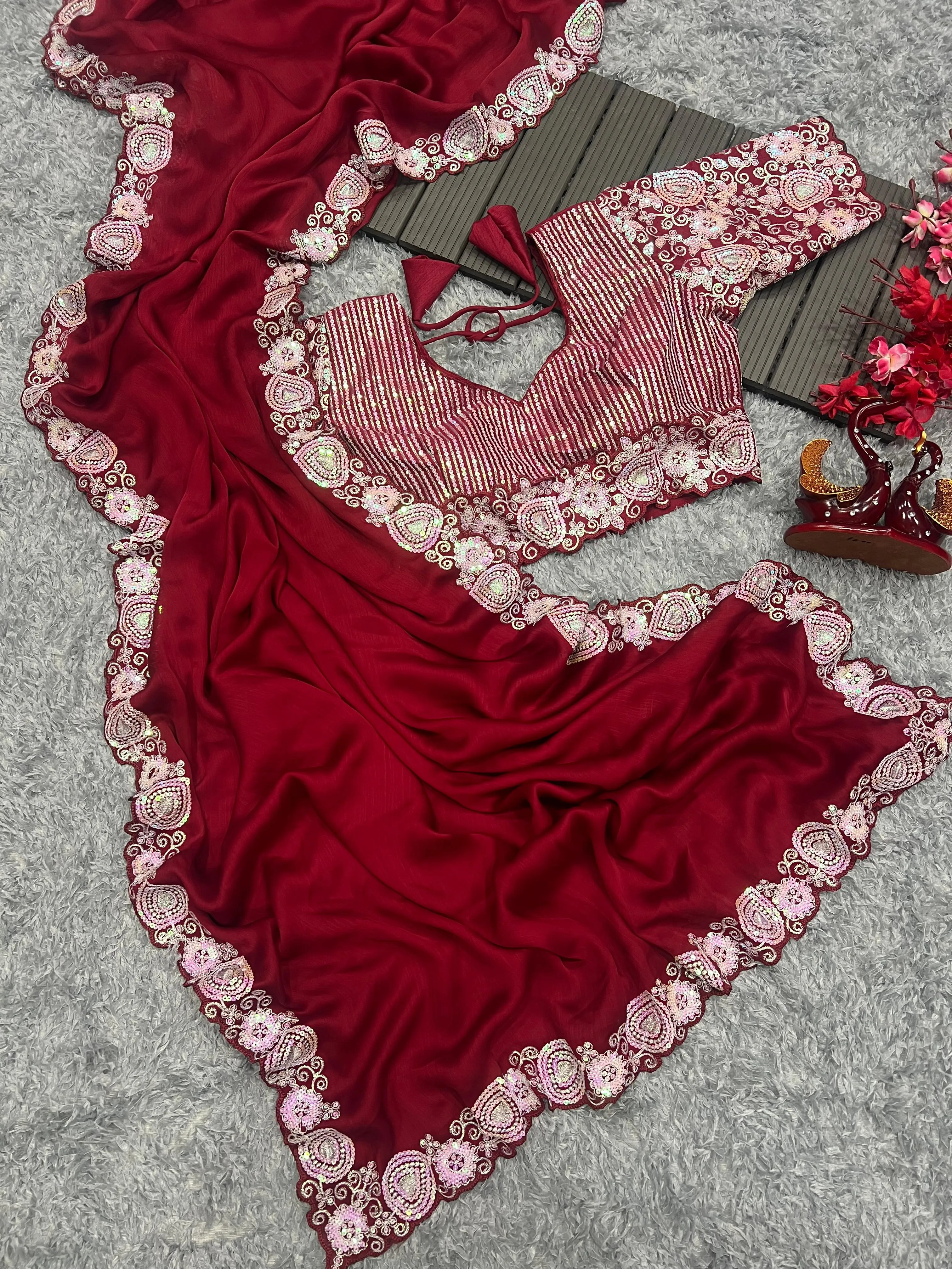 Beautiful Designer Party Wear Satin Chiffon Saree