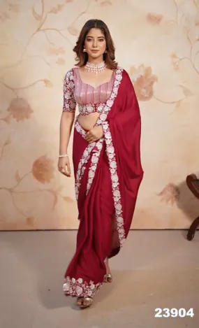 Beautiful Designer Party Wear Satin Chiffon Saree