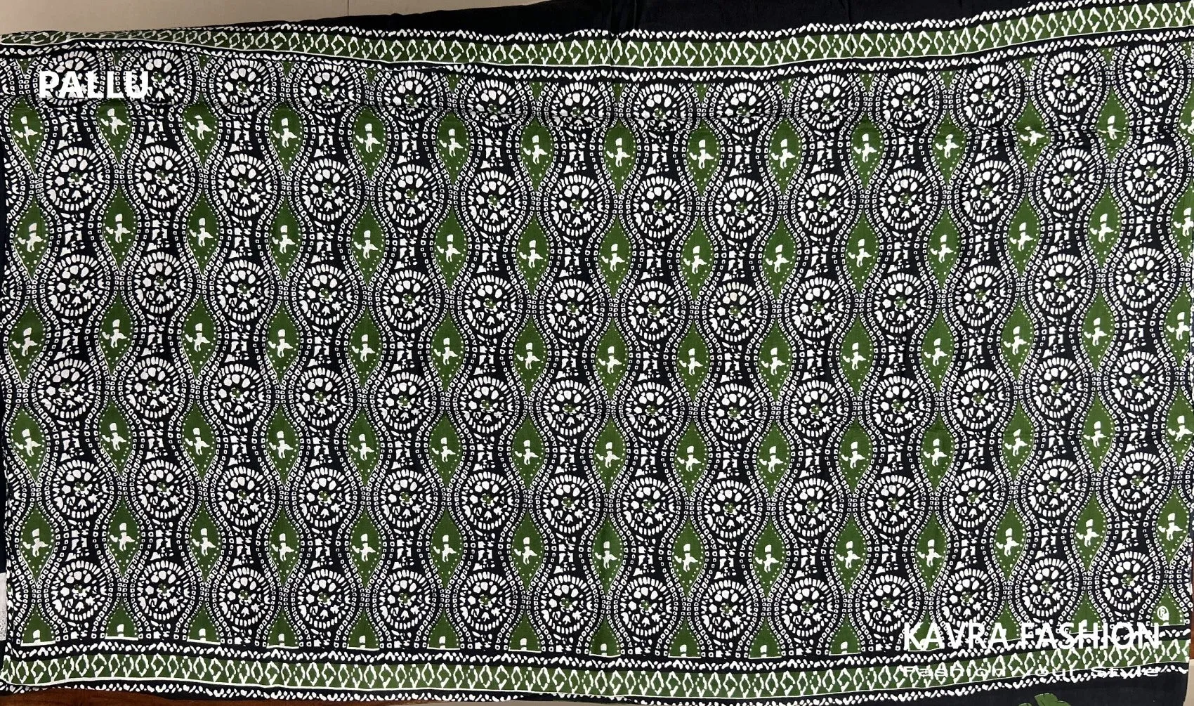Black Hand Printed Mulmul Saree Black Green White Border