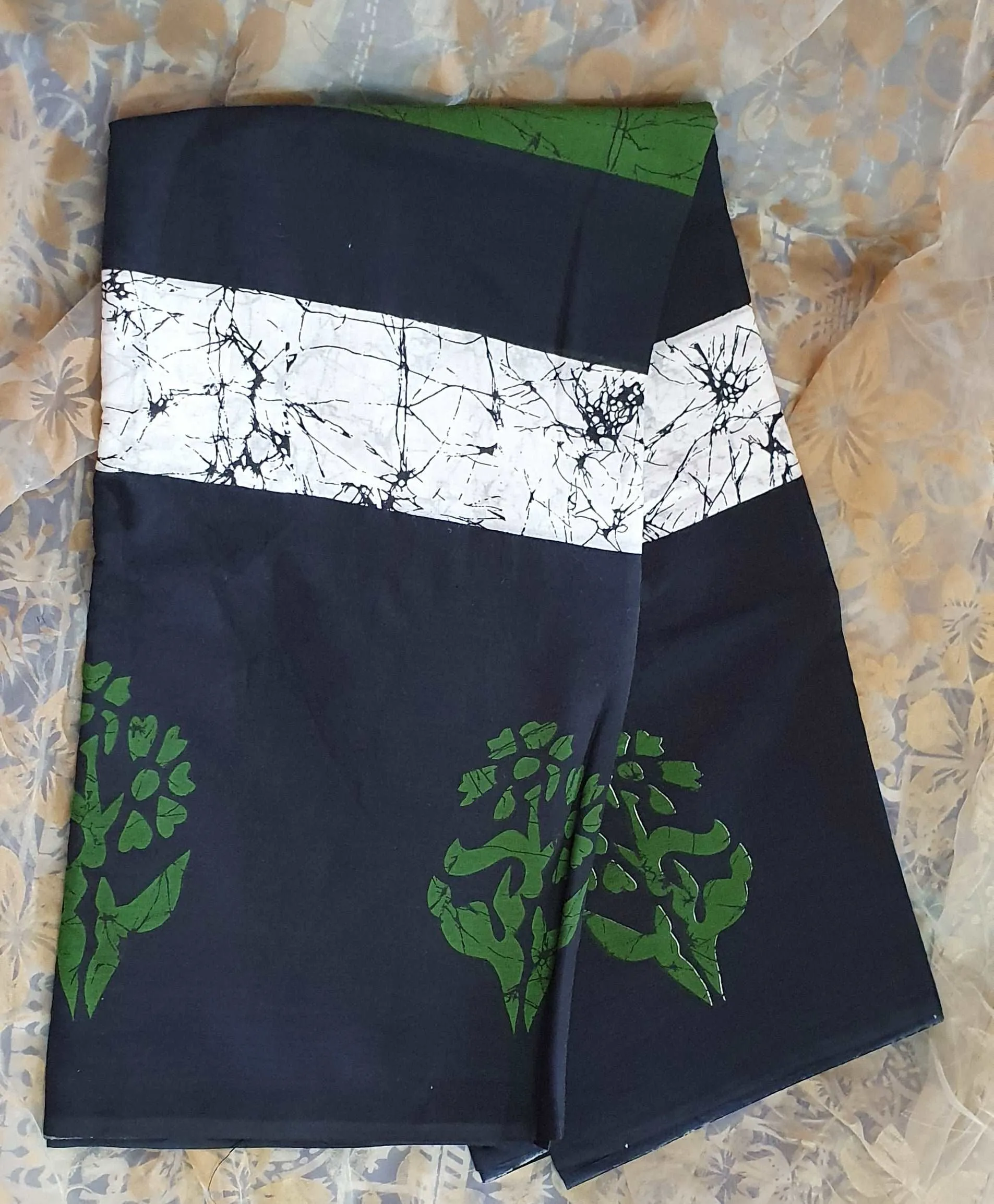 Black Hand Printed Mulmul Saree Black Green White Border