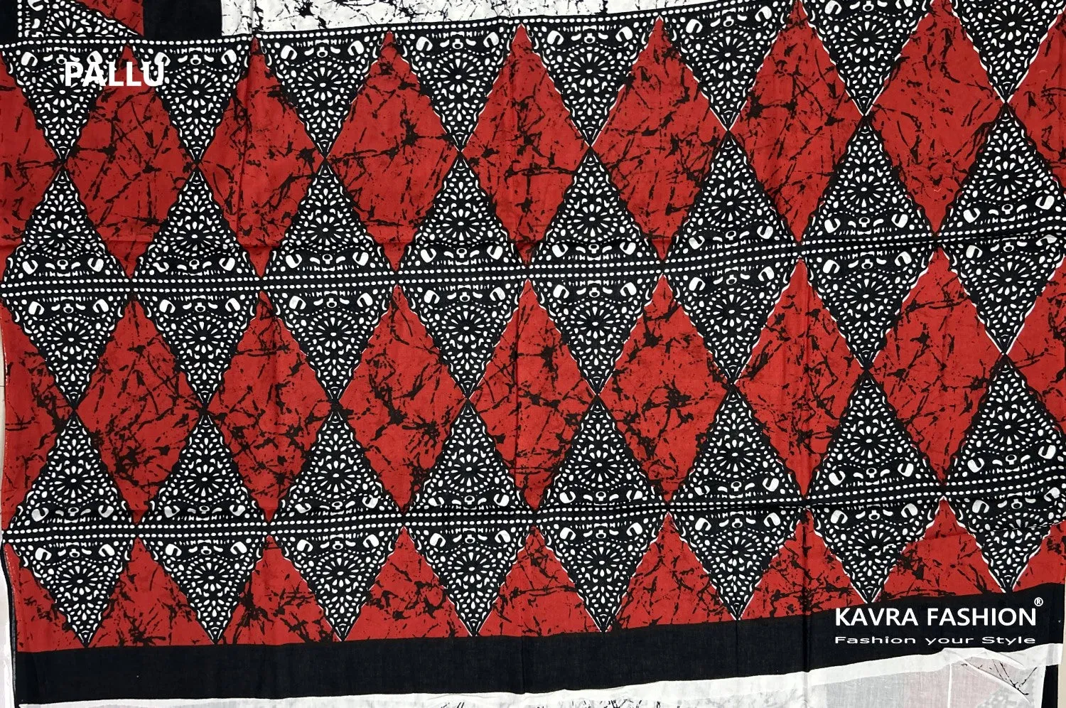 Black Hand Printed Red Geometric Print Mulmul Saree