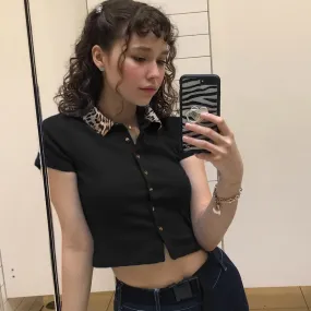 Black Vintage Patchwork Leopard Turn-Down Collar Single Breasted Knitted Tees