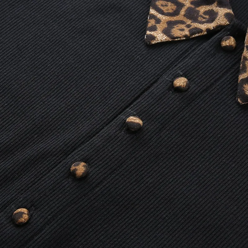 Black Vintage Patchwork Leopard Turn-Down Collar Single Breasted Knitted Tees