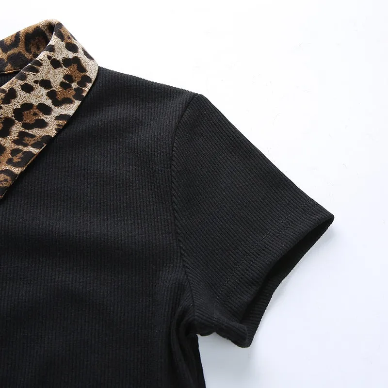 Black Vintage Patchwork Leopard Turn-Down Collar Single Breasted Knitted Tees