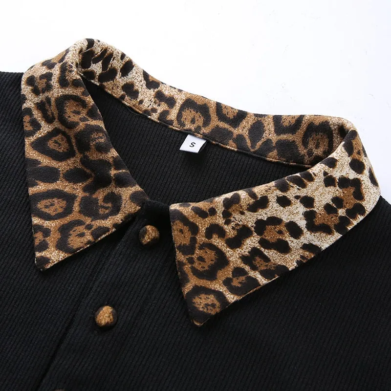 Black Vintage Patchwork Leopard Turn-Down Collar Single Breasted Knitted Tees