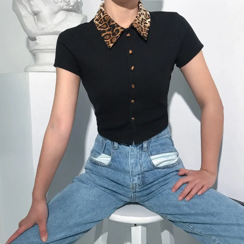 Black Vintage Patchwork Leopard Turn-Down Collar Single Breasted Knitted Tees