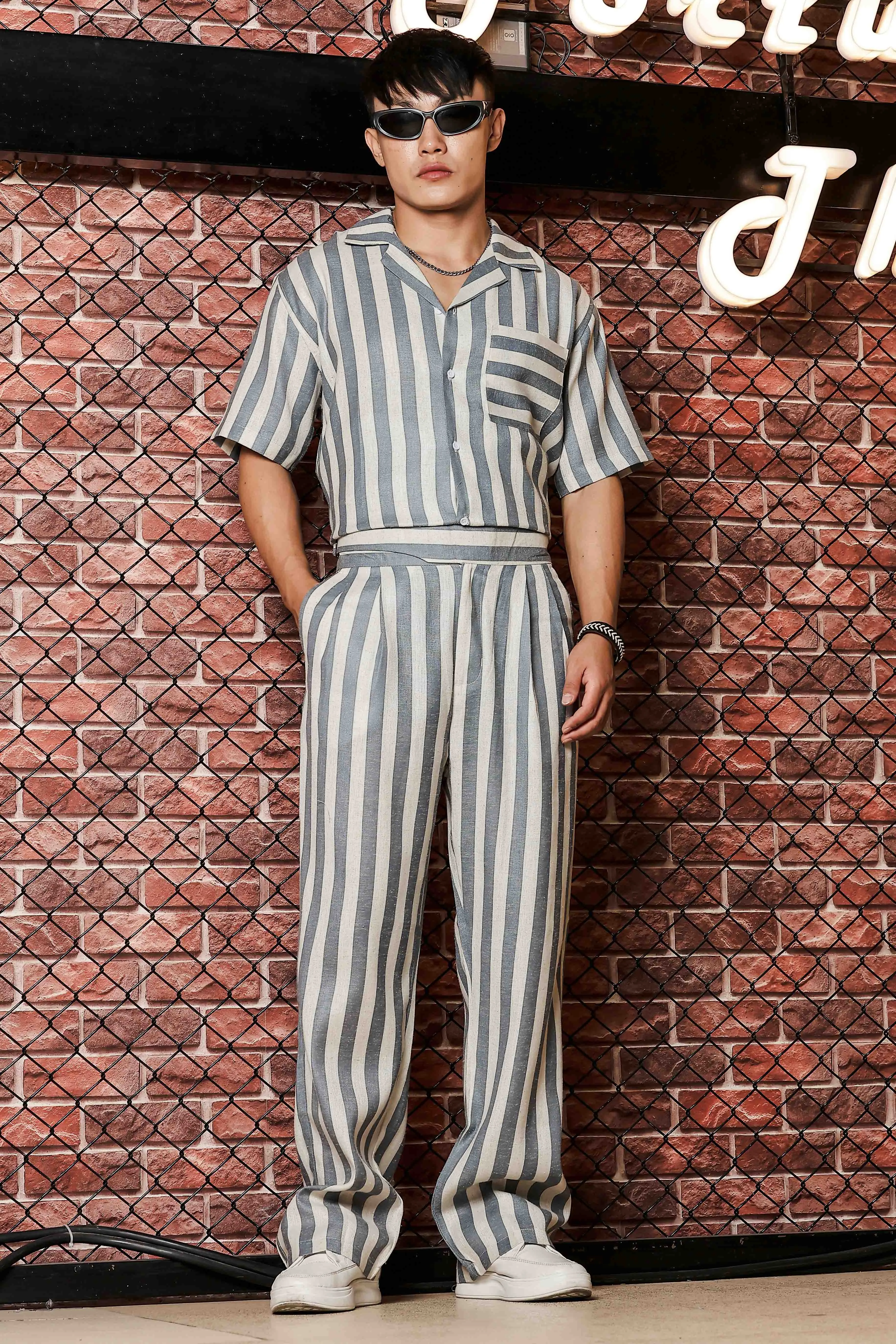 Blue & White Striped Linen Blend Gurkha Trousers