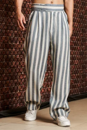 Blue & White Striped Linen Blend Gurkha Trousers