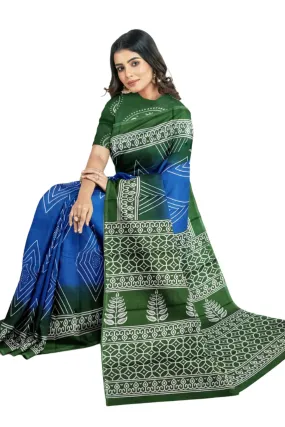 Blue and Green Geometric Print Mulmul Saree