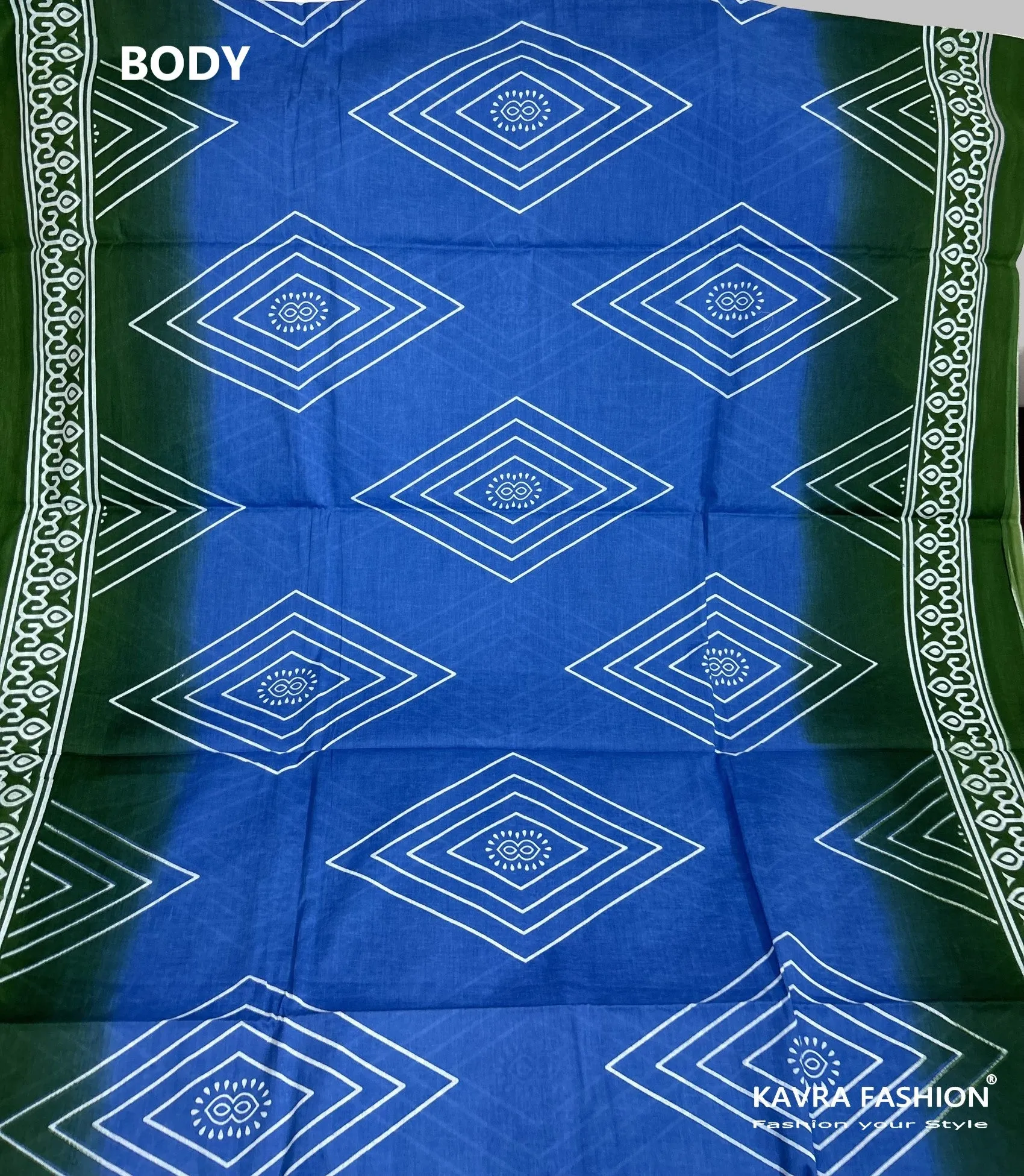 Blue and Green Geometric Print Mulmul Saree