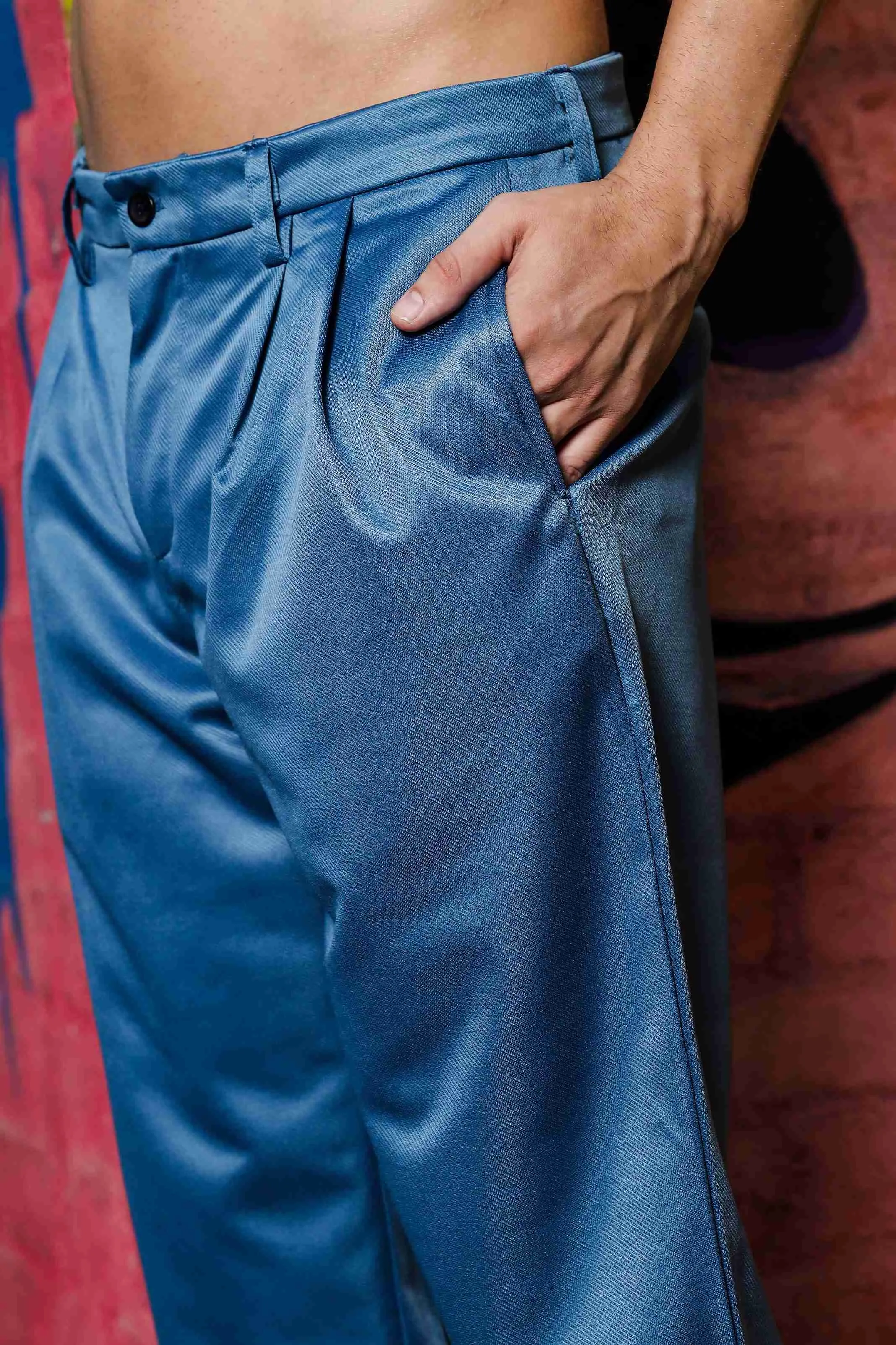 Blue Double Pleated Baggy fit Blue Korean Trousers