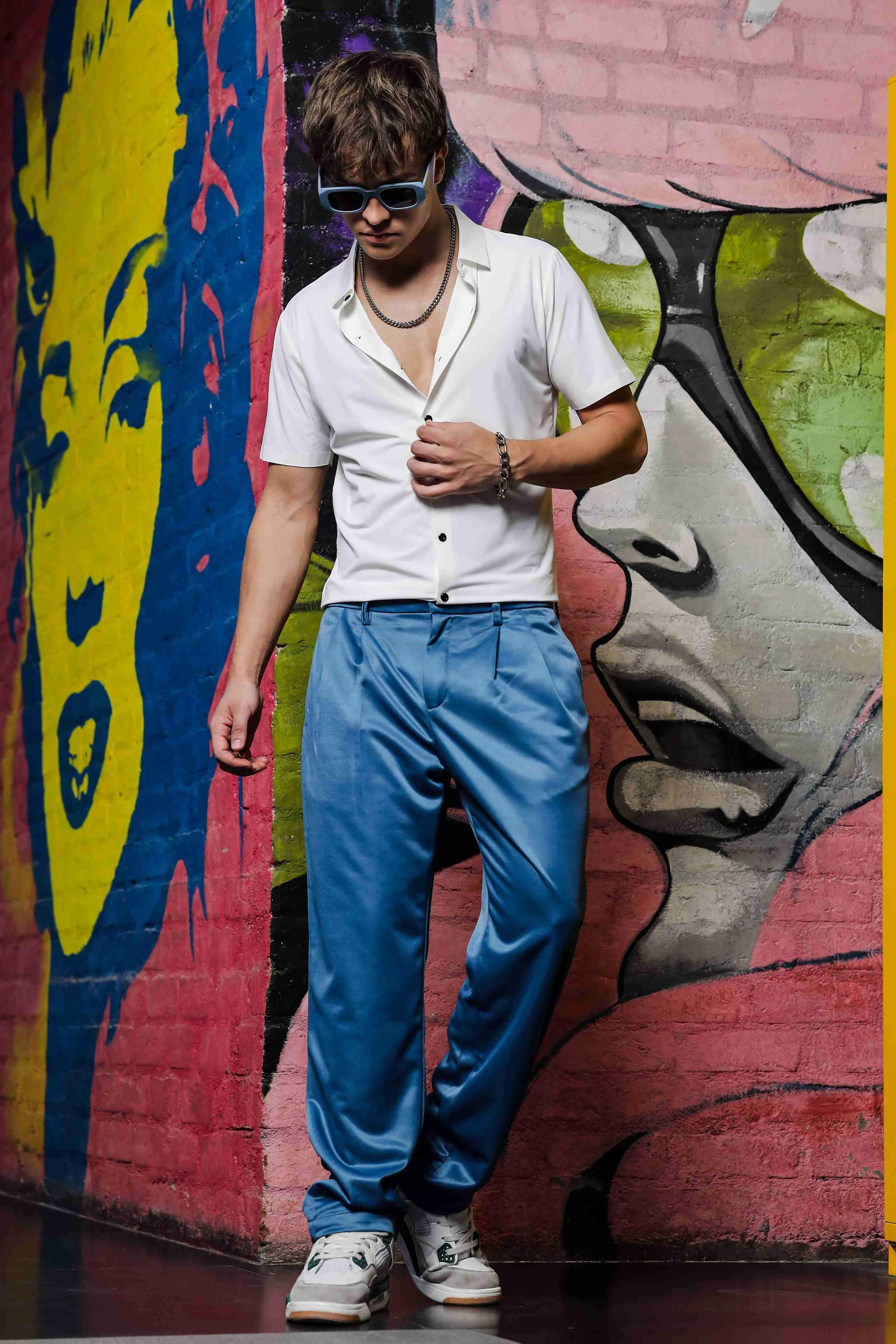 Blue Double Pleated Baggy fit Blue Korean Trousers