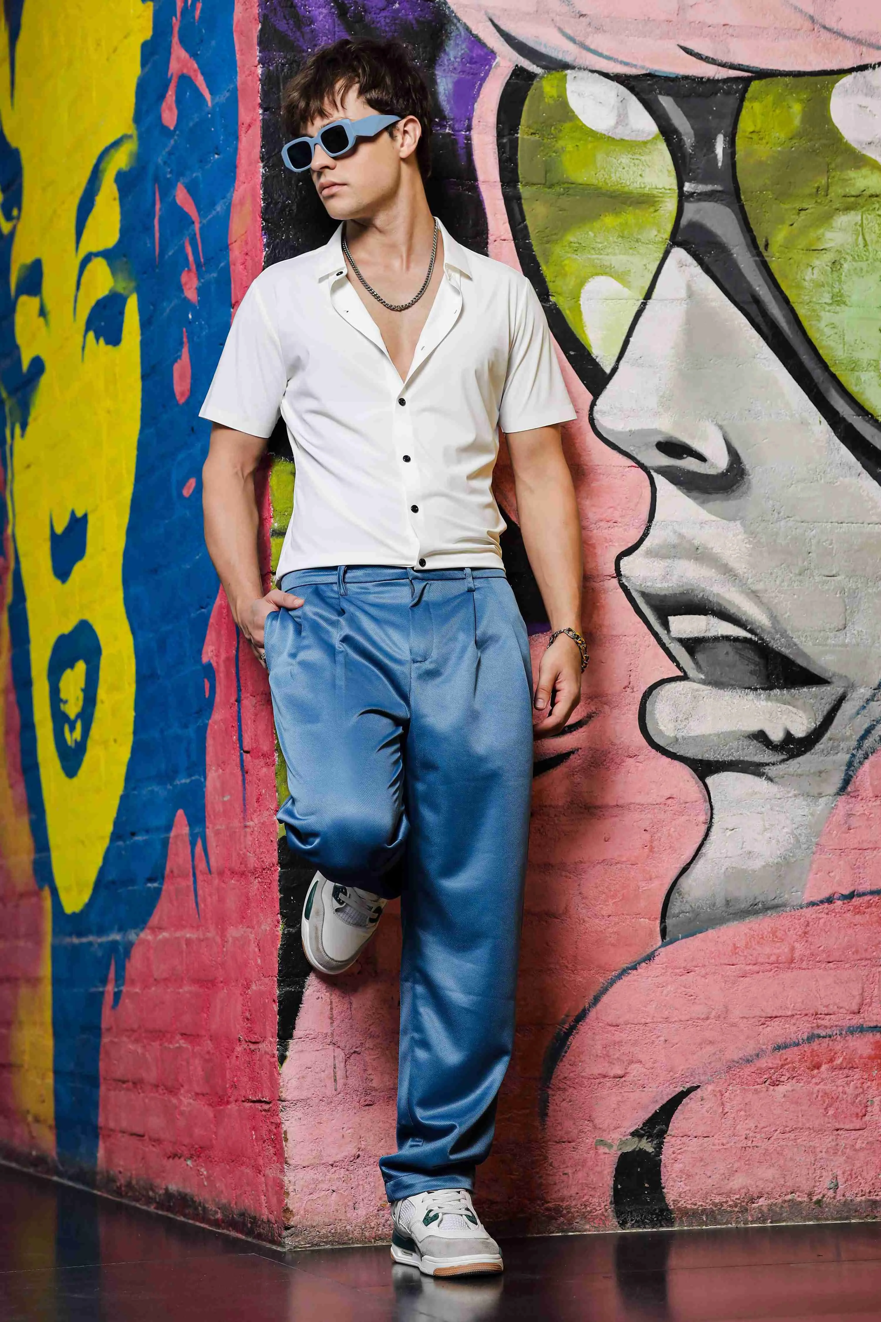 Blue Double Pleated Baggy fit Blue Korean Trousers