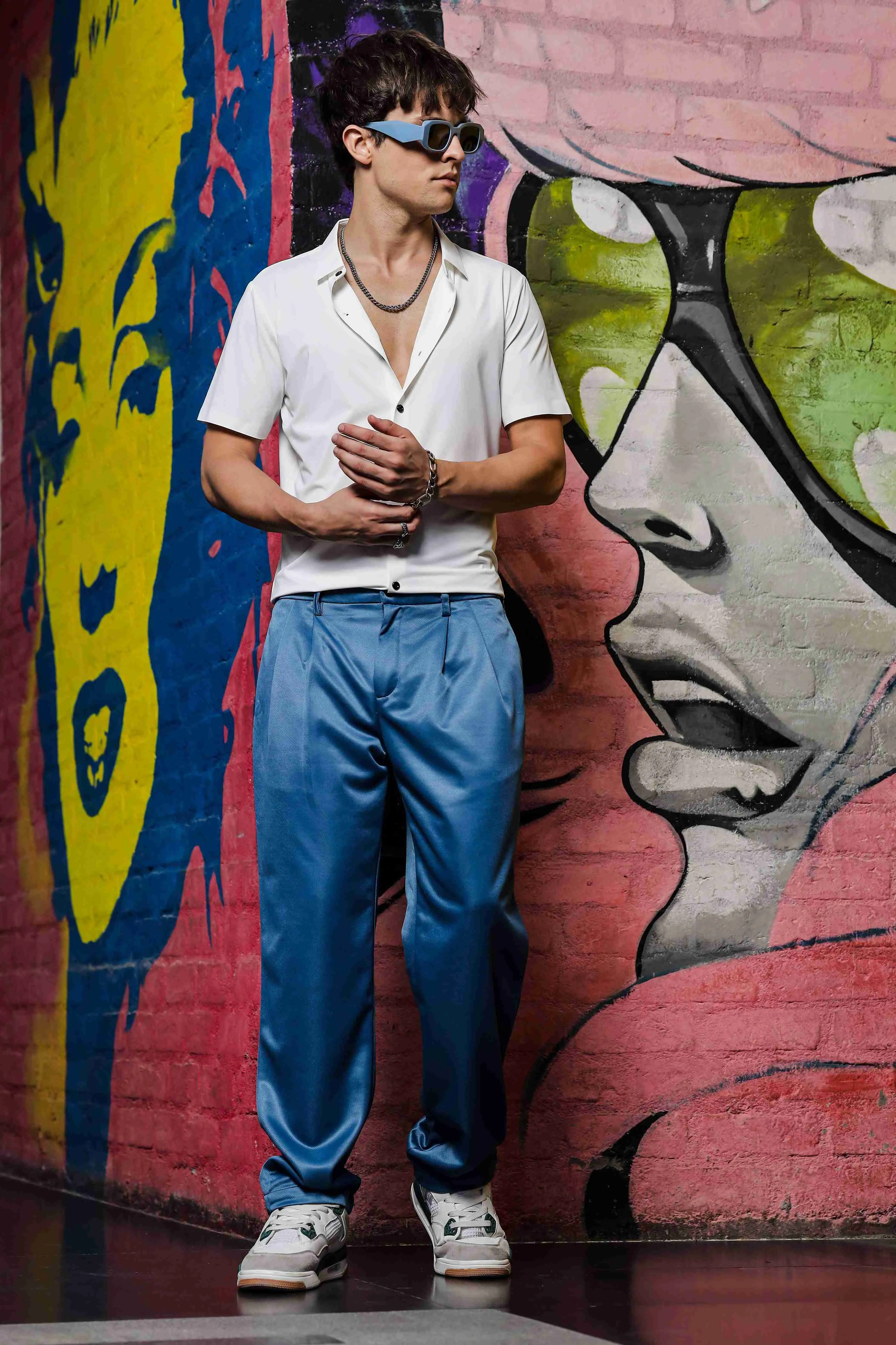 Blue Double Pleated Baggy fit Blue Korean Trousers