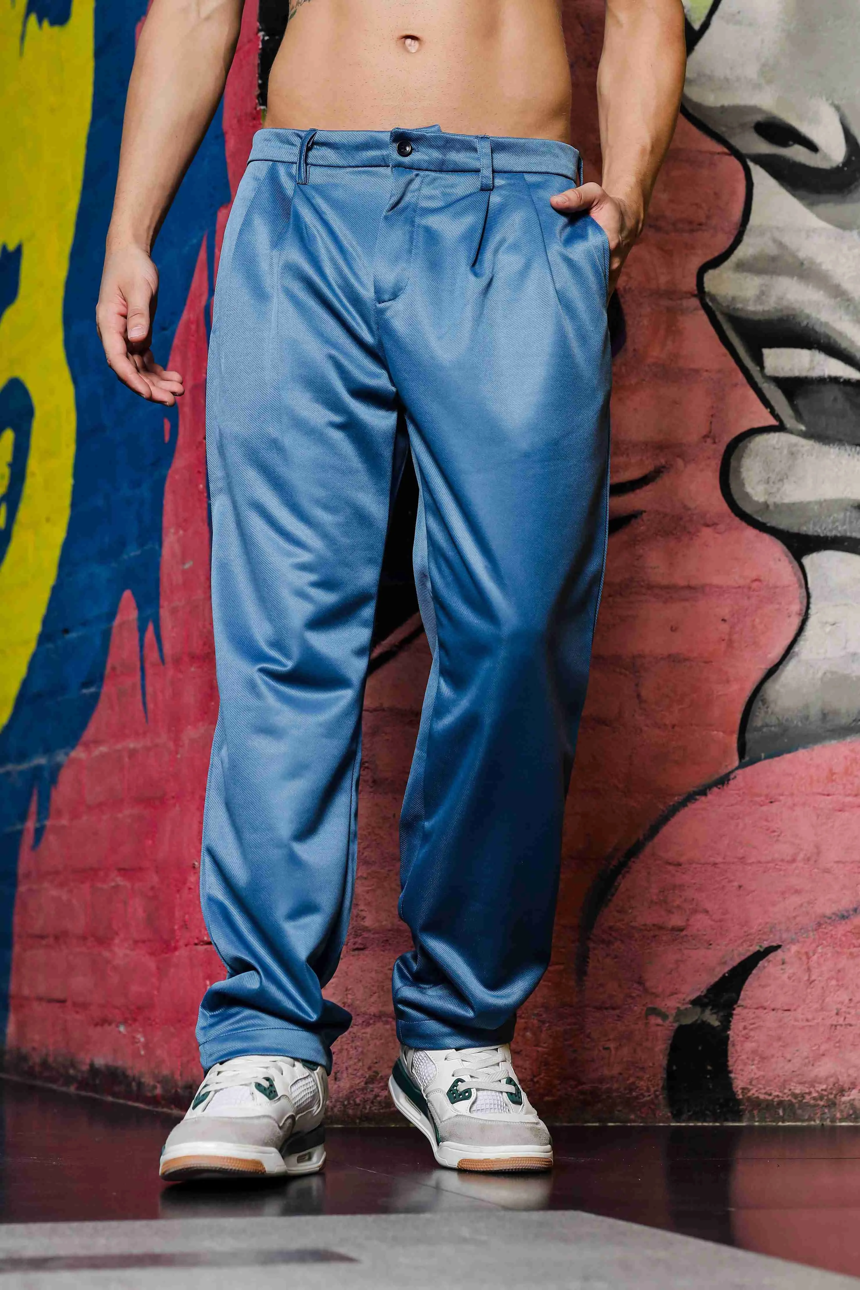 Blue Double Pleated Baggy fit Blue Korean Trousers