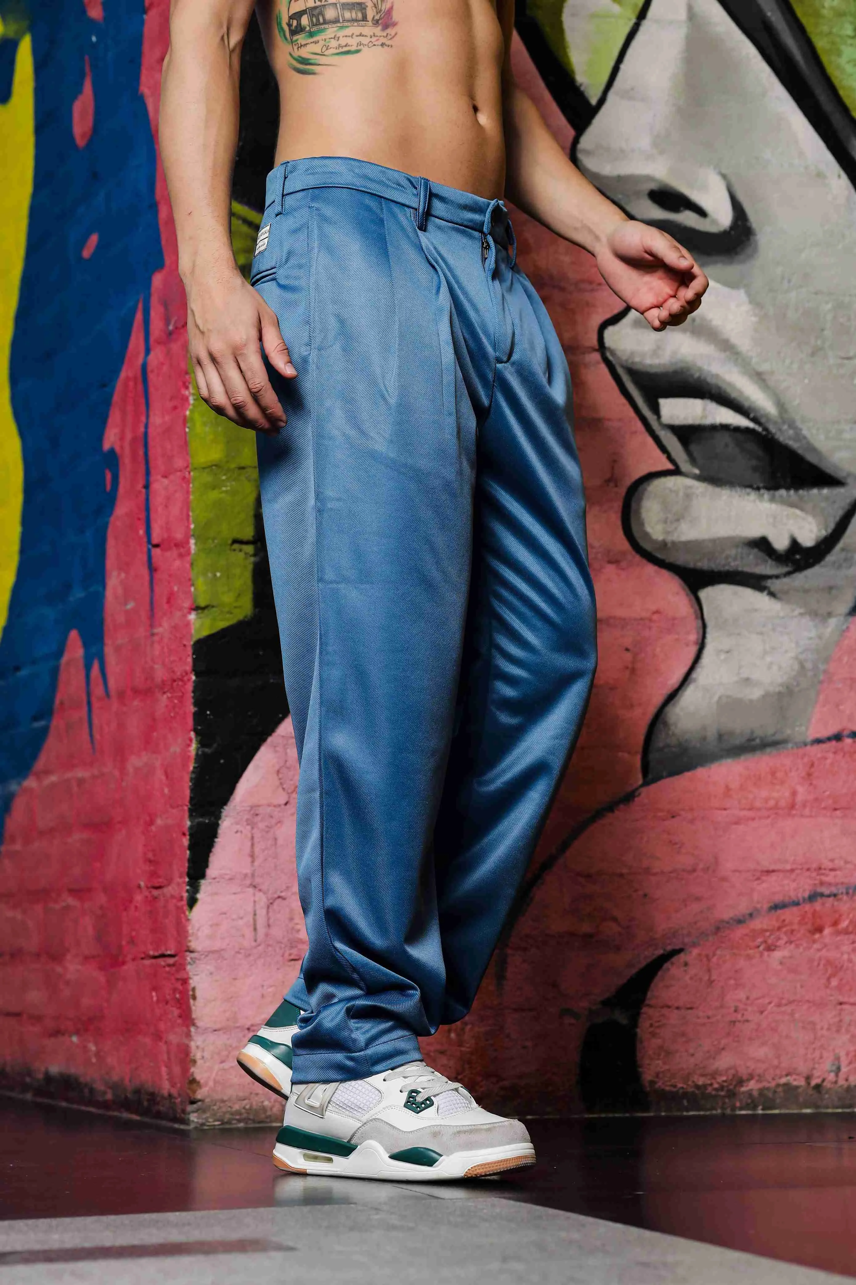 Blue Double Pleated Baggy fit Blue Korean Trousers