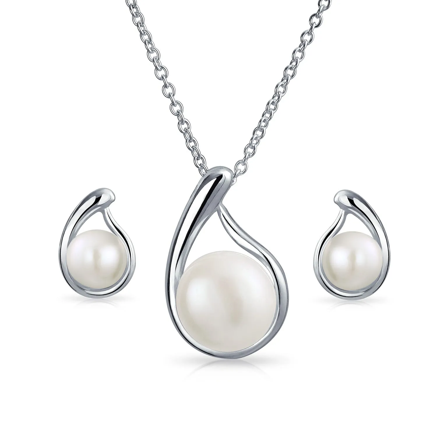 Bridal Set Freshwater Pearl Pendant Necklace Stud Earrings .925 Silver