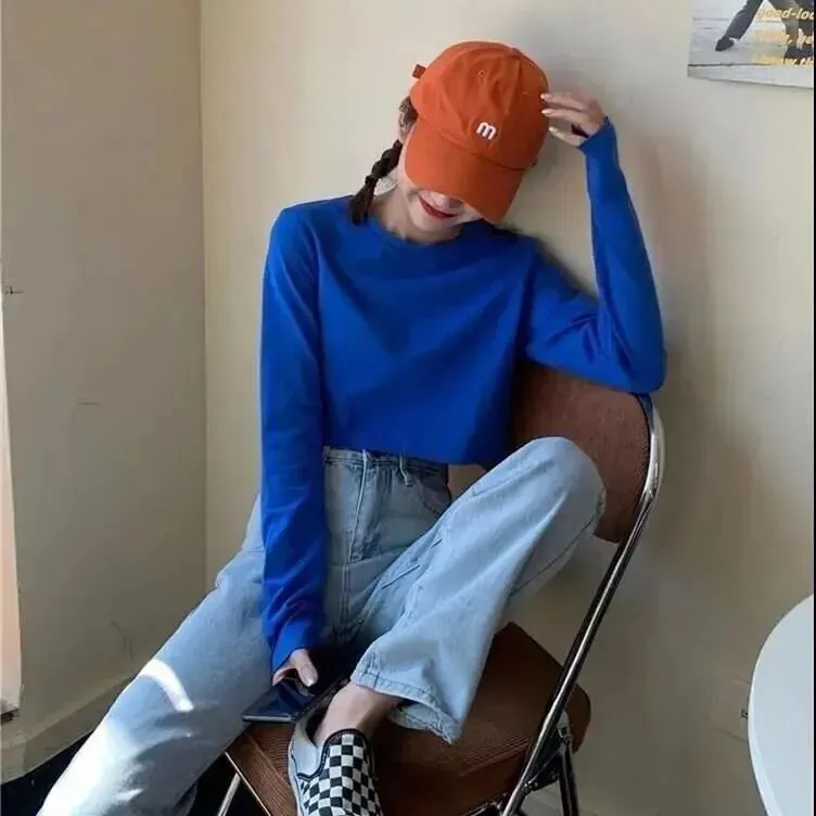 Candy Colors Loose Long Sleeve T-shirts Women Spring Daily Student All-match Casual Streetwear Short Style Tops Basic Undershirt