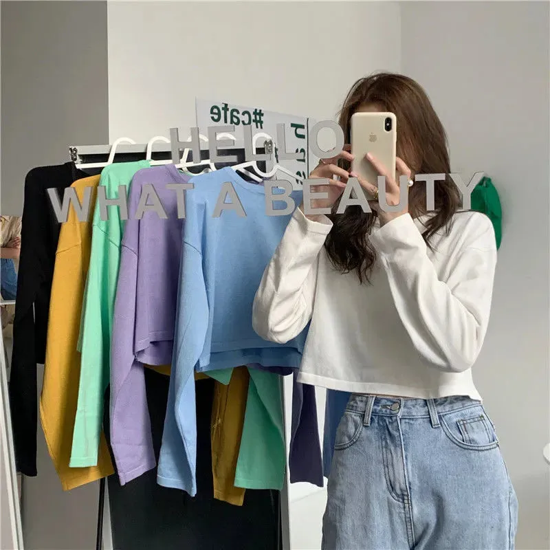 Candy Colors Loose Long Sleeve T-shirts Women Spring Daily Student All-match Casual Streetwear Short Style Tops Basic Undershirt