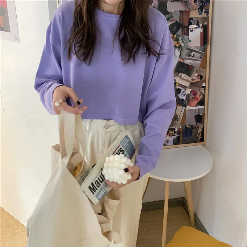 Candy Colors Loose Long Sleeve T-shirts Women Spring Daily Student All-match Casual Streetwear Short Style Tops Basic Undershirt