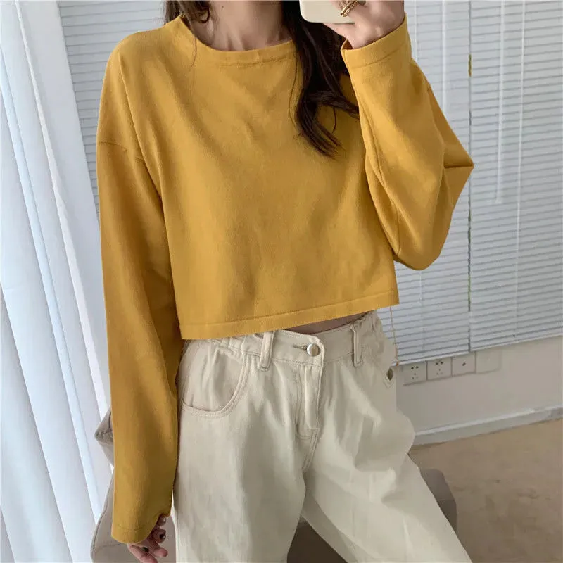 Candy Colors Loose Long Sleeve T-shirts Women Spring Daily Student All-match Casual Streetwear Short Style Tops Basic Undershirt