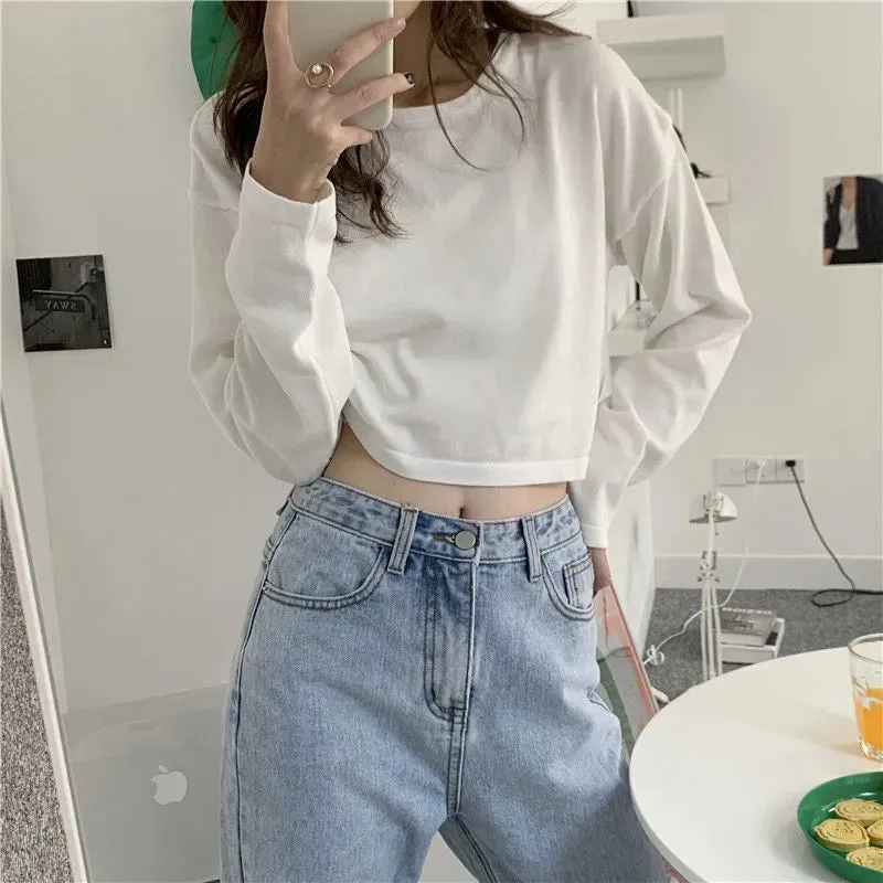 Candy Colors Loose Long Sleeve T-shirts Women Spring Daily Student All-match Casual Streetwear Short Style Tops Basic Undershirt