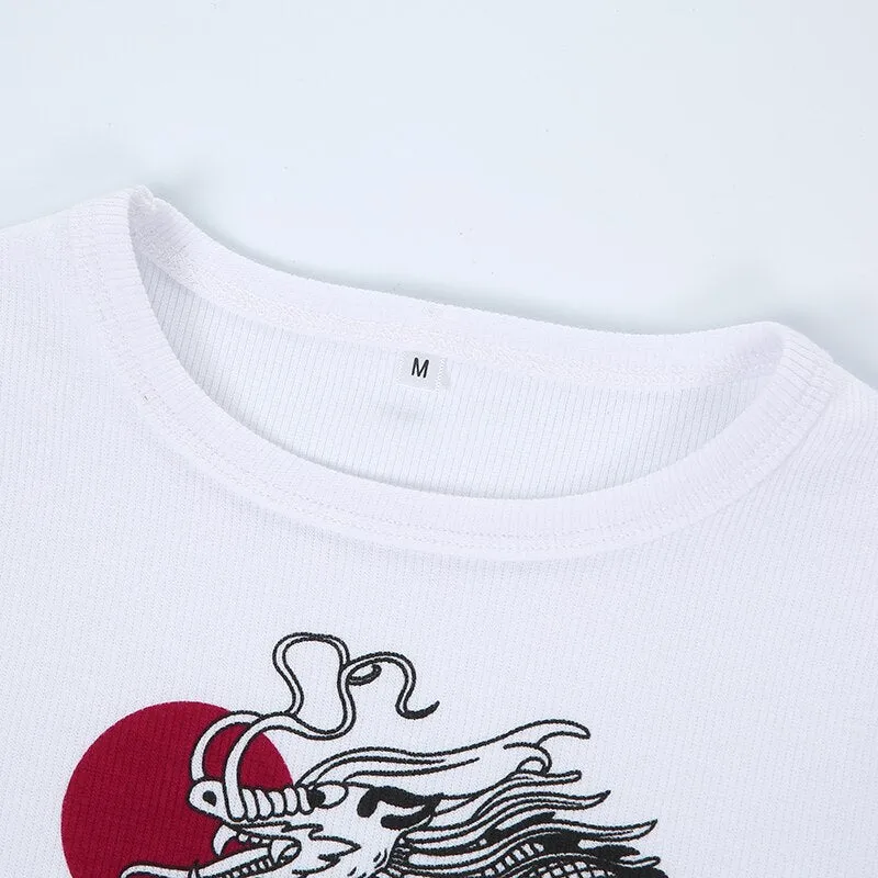 Casual Basic Korean Fashion Style Dragon Print Short Sleeve Slim Crop Top Tees