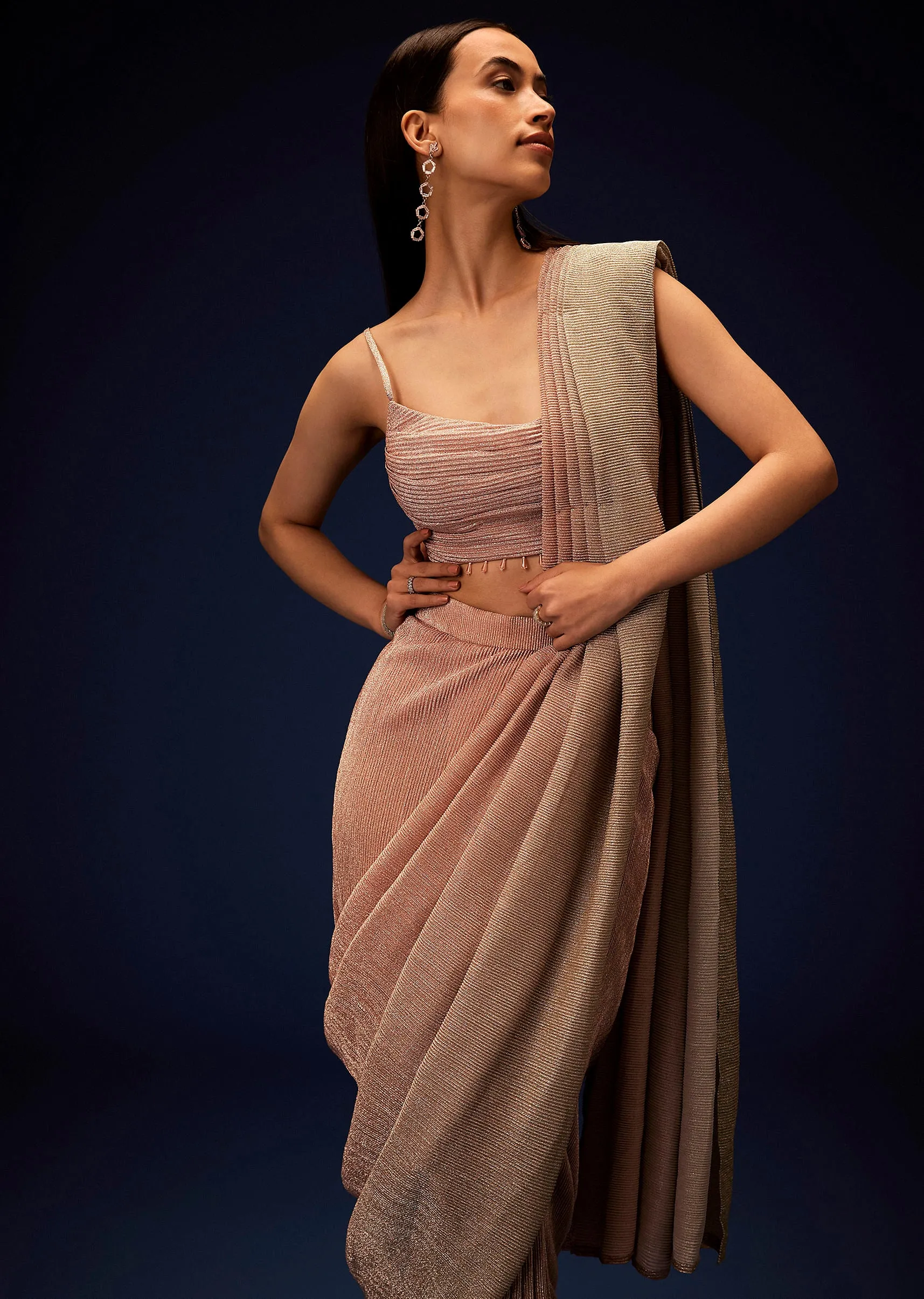 Champagne Ombre Ready To Wear Saree With Pleated Saree