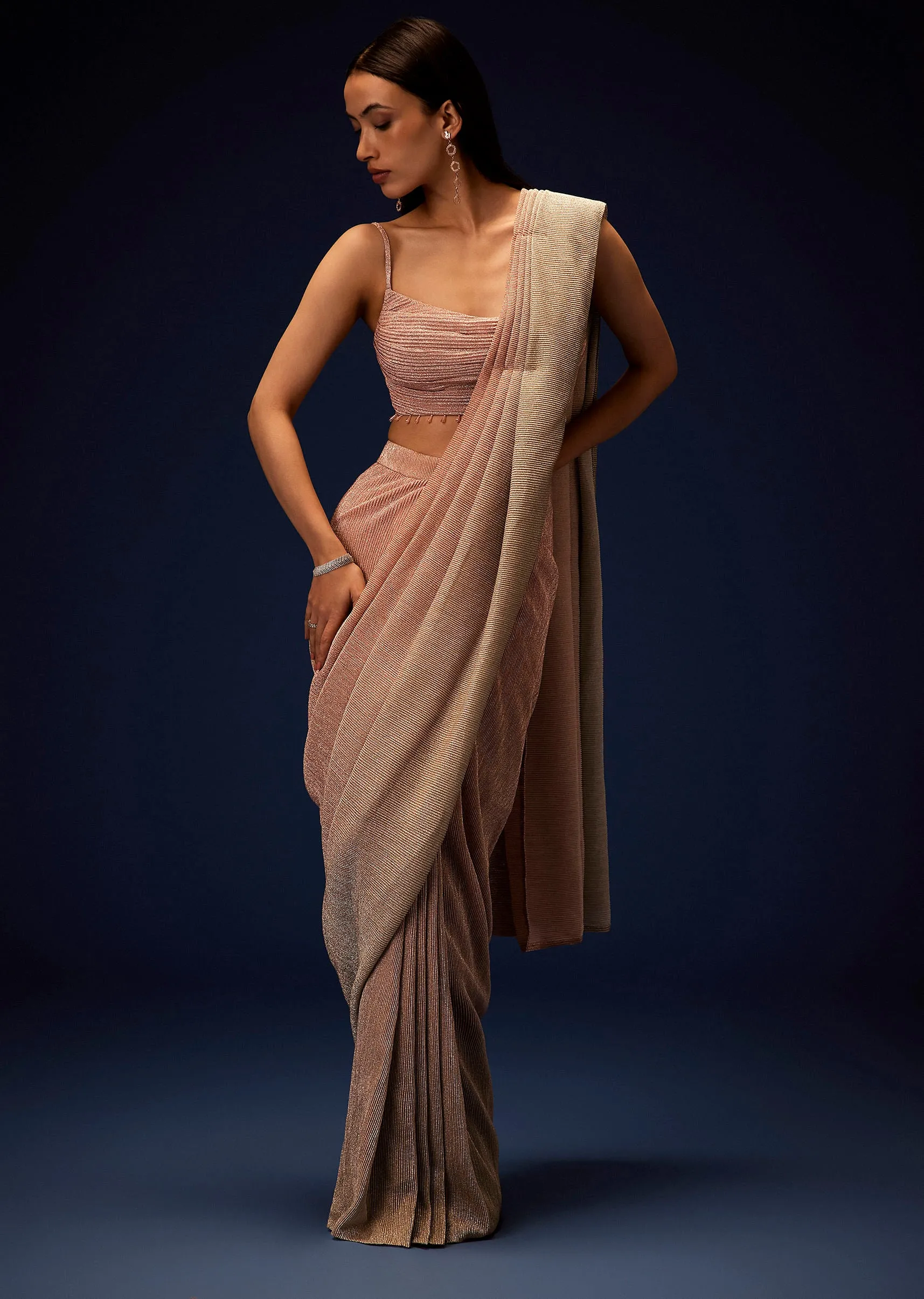Champagne Ombre Ready To Wear Saree With Pleated Saree