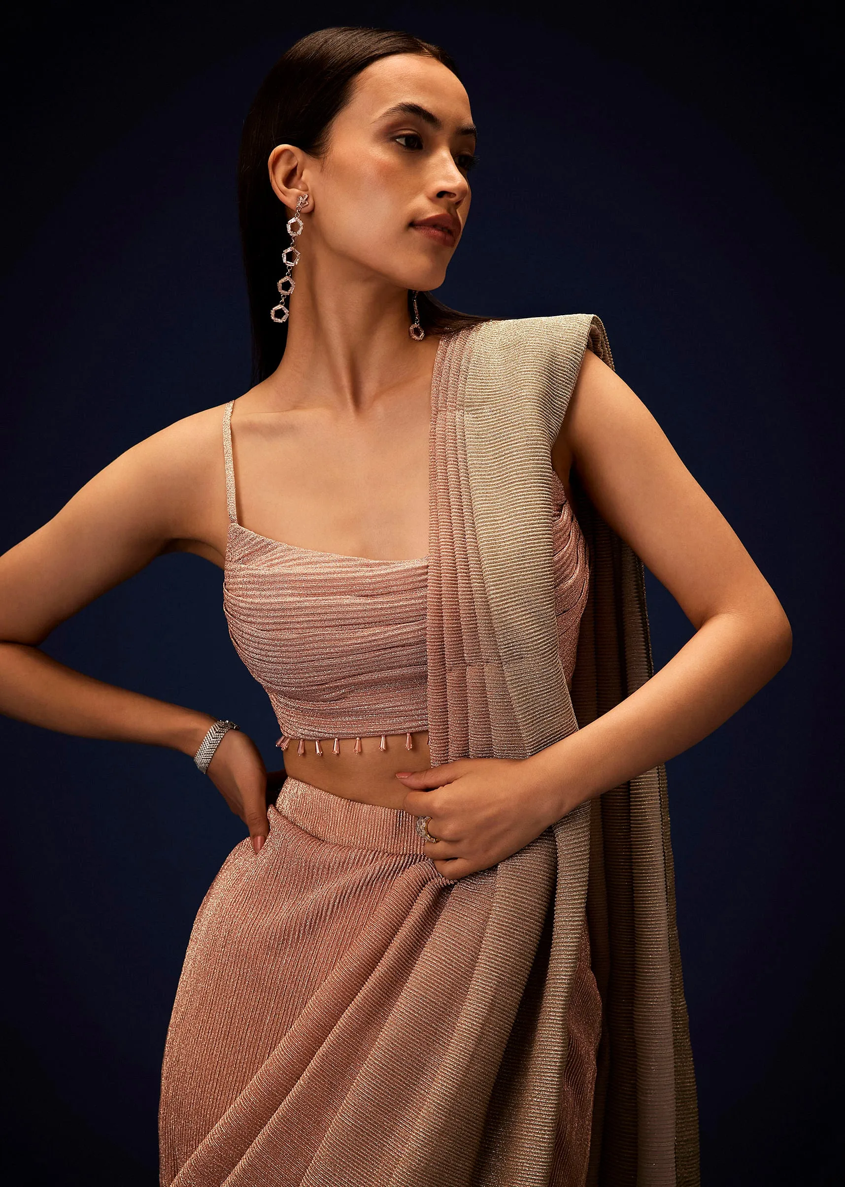 Champagne Ombre Ready To Wear Saree With Pleated Saree