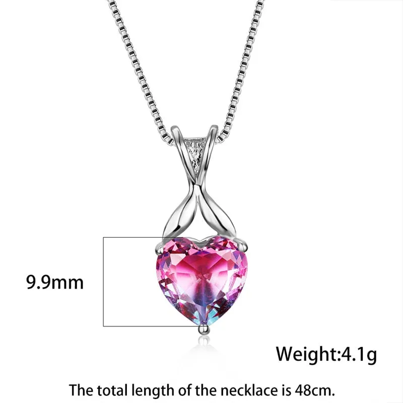 Charming Pink Purple Crystal Heart Pendant Rainbow Gradient Zircon Necklaces For Women