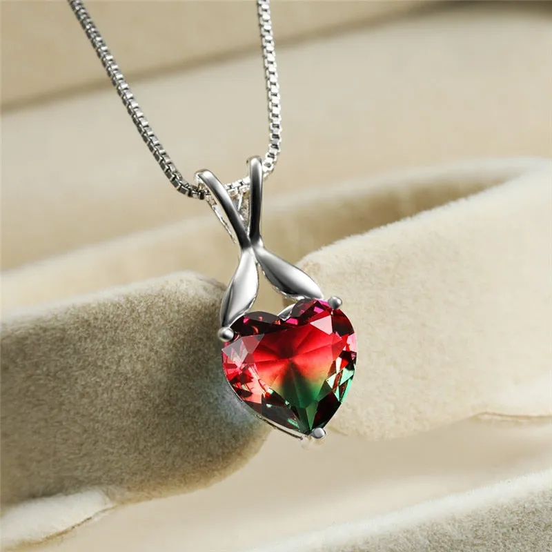Charming Pink Purple Crystal Heart Pendant Rainbow Gradient Zircon Necklaces For Women