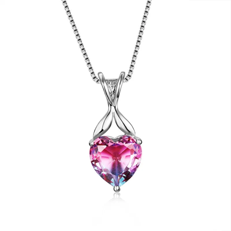 Charming Pink Purple Crystal Heart Pendant Rainbow Gradient Zircon Necklaces For Women