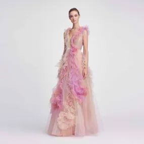Colorful Tulle 3D Flower A-line Long Prom Gowns