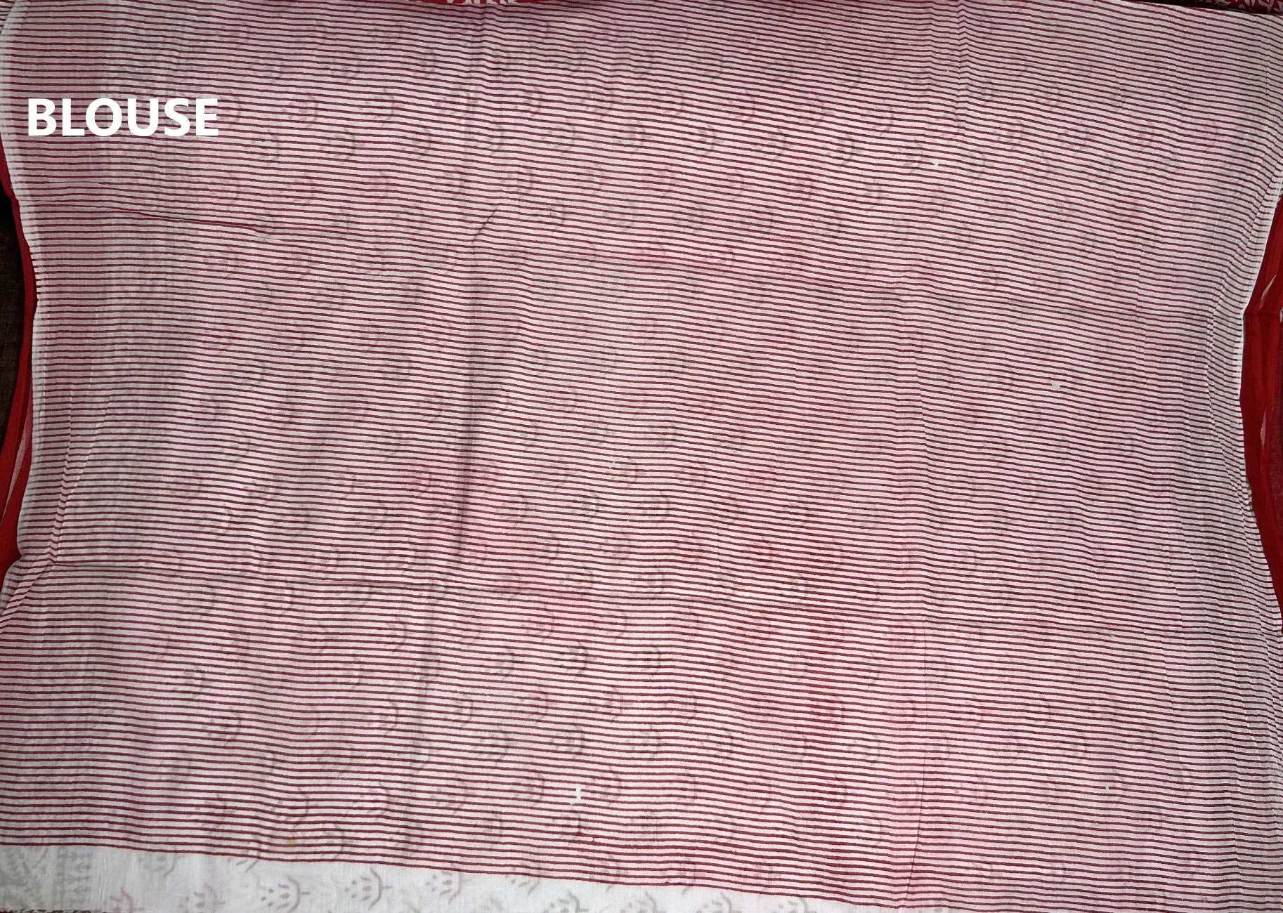 Cream Hand Block Printed Mulmul Saree Red Border